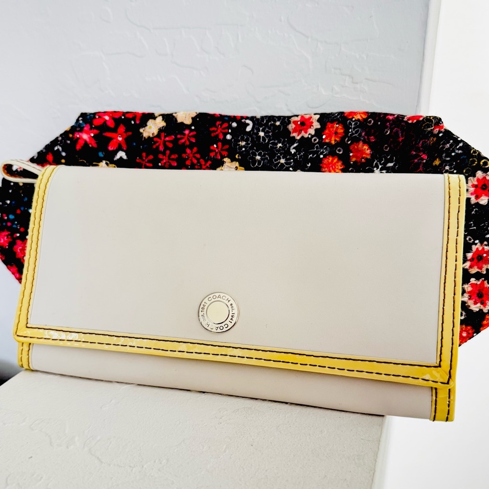 COACH Women’s Gray Leather Slim Envelope Wallet Canary Yellow Patent Leather